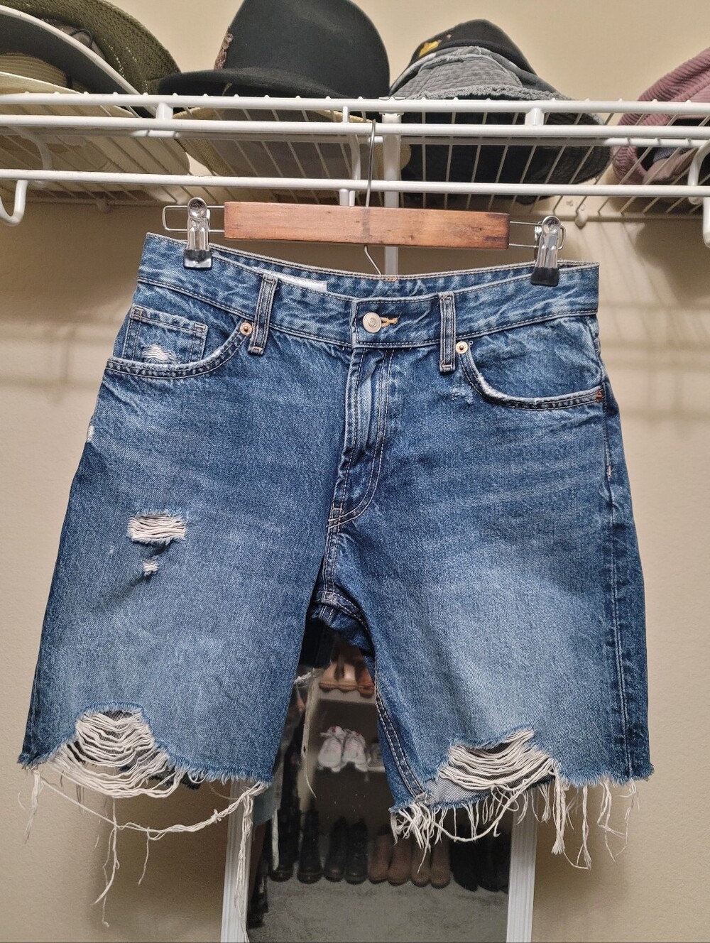 Zara Blue Distress Denim Shorts.